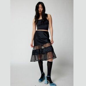 Kimchi Blue Black Sheer Tiered Midi Skirt L Ruffle Whimsical Gothic Y2K Party